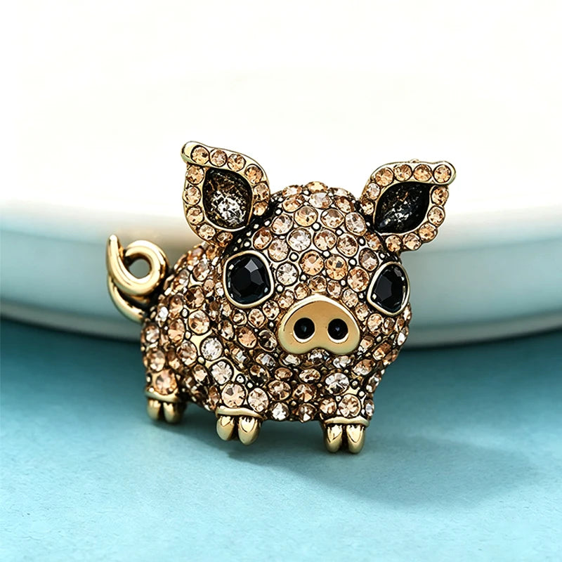 PENDRA Pigletique Enamel Rhinestone Pig Brooch