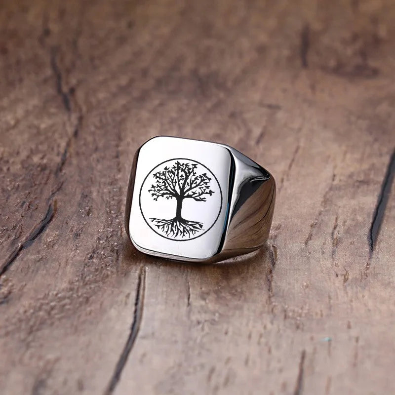 Men Viking Vegvisir Pirate Signet Ring, Free Custom Personalized Stainless Steel Finger Bands Ring for Boys, Amulet Jewelry Gift