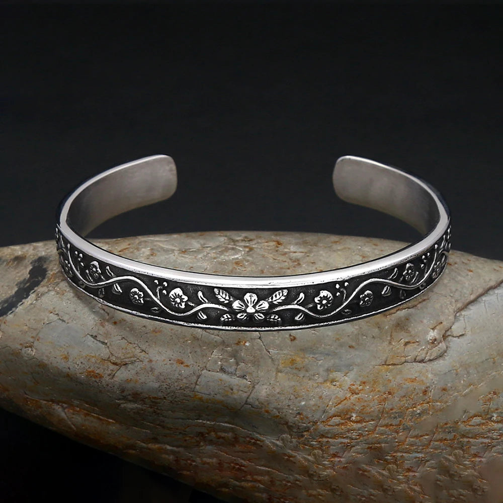 Classic Retro Fashion Silver Color Flower Bracelets For Men Women Stainless Steel Ethnic Style Lotus Leaf Bracelet Party Jewelry
