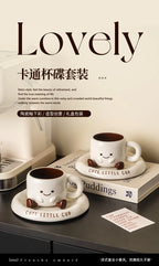 Cute Smiley Face Ceramic Coffee Mug with Saucer 3D Cartoon Design Tea Cup