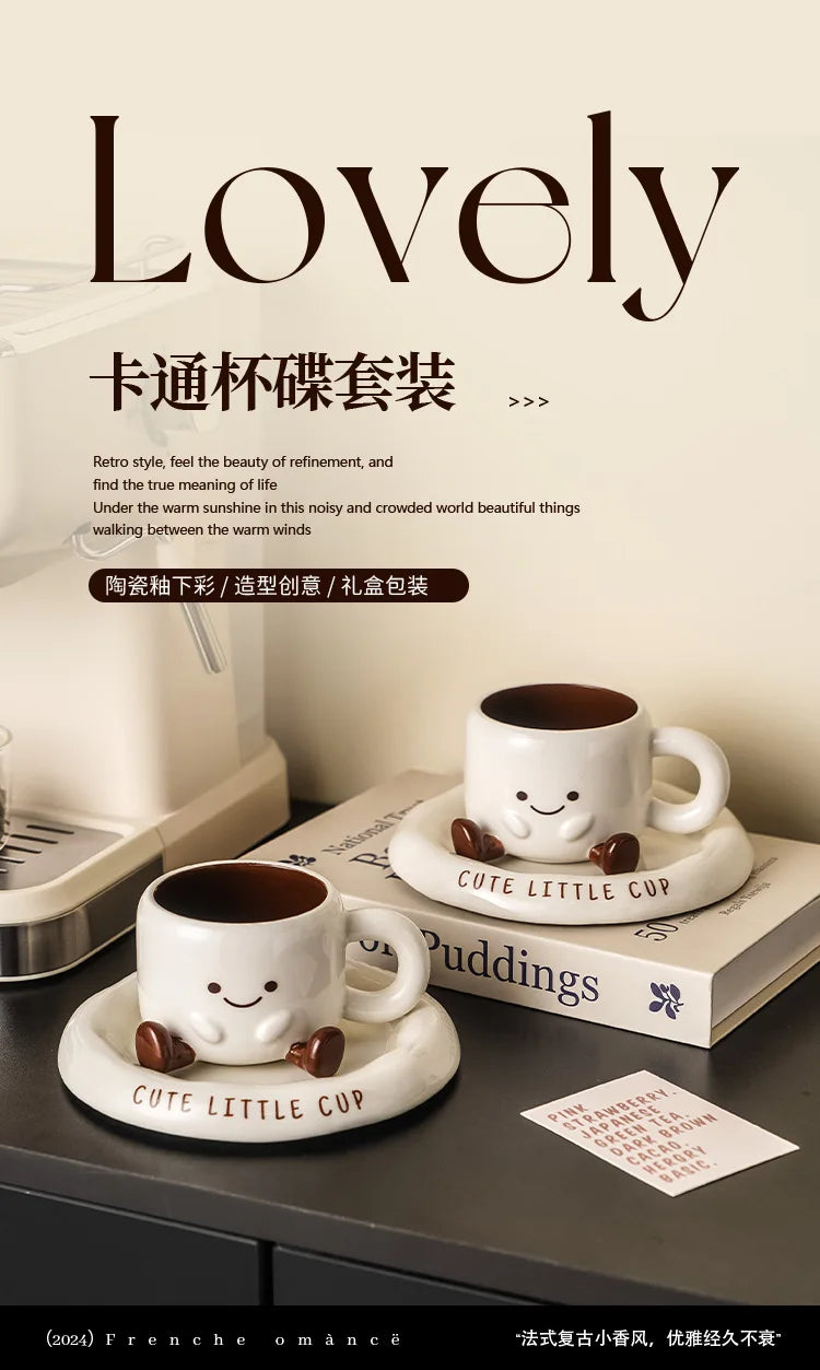 Cute Smiley Face Ceramic Coffee Mug with Saucer 3D Cartoon Design Tea Cup