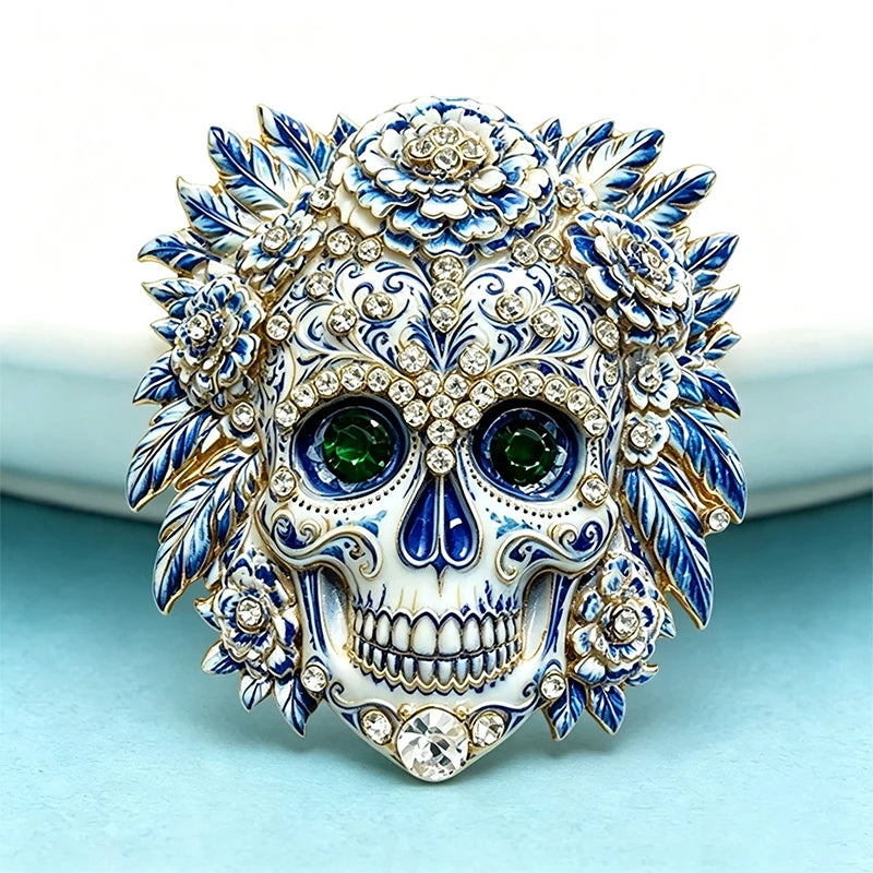 Wuli&baby Flowers Sugar Skull Brooches For Women Unisex 2-color Rhinestone Lovely Skeleton Face Party Casual Brooch Pins Gifts