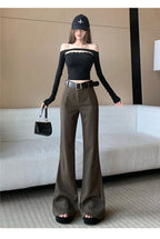 Retro solid color pants women autumn and winter high waisted casual and fashion versatile floor length flared trousers