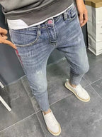 Summer light color jeans men's retro fashion brand embroidery slim fit small feet Korean fashion casual thin nine point pants