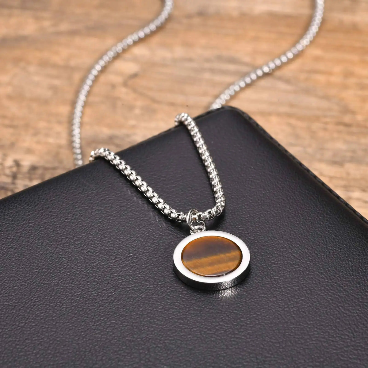 Round Pendant Necklace for Men Boys,Stainless Steel Tiger Eye Natural Stone Pendant Necklaces,Hip Hop Jewelry Gifts