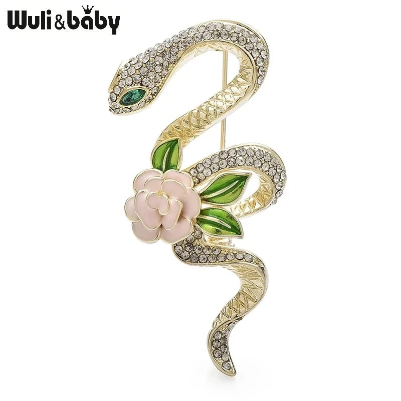 Wuli&baby Rhinestone Rose-flower Snake Brooches For Women Men 3-color Lovely Animal Party Brooch Pins Gifts