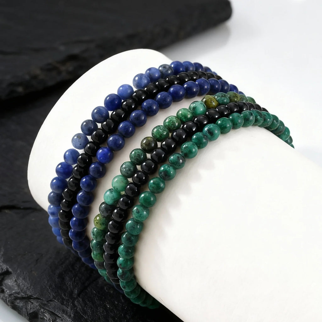 3pcs Green Natural Stone Beaded Bracelet for Men,5MM African Turquoise Stacked Elastic Bracelet,Trendy Male Jewelry Gift