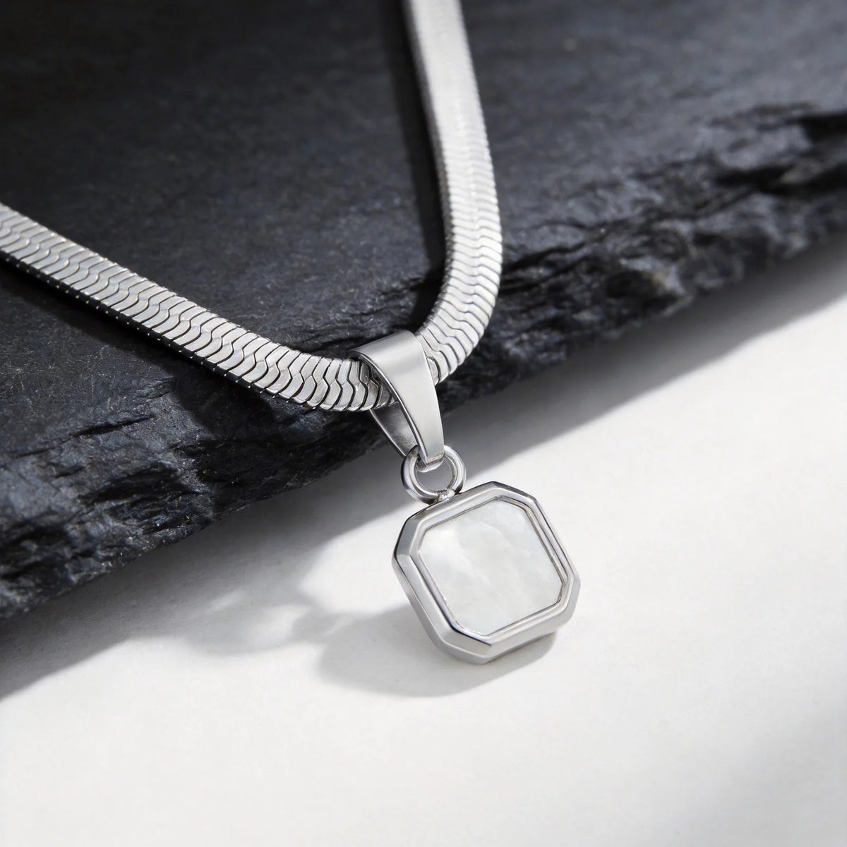 Men's Small Geometric Natural Stone Necklaces,Stylish Stainless Steel Flat Cuban Chain Collars,Hip-hop Punk Jewelry Gift