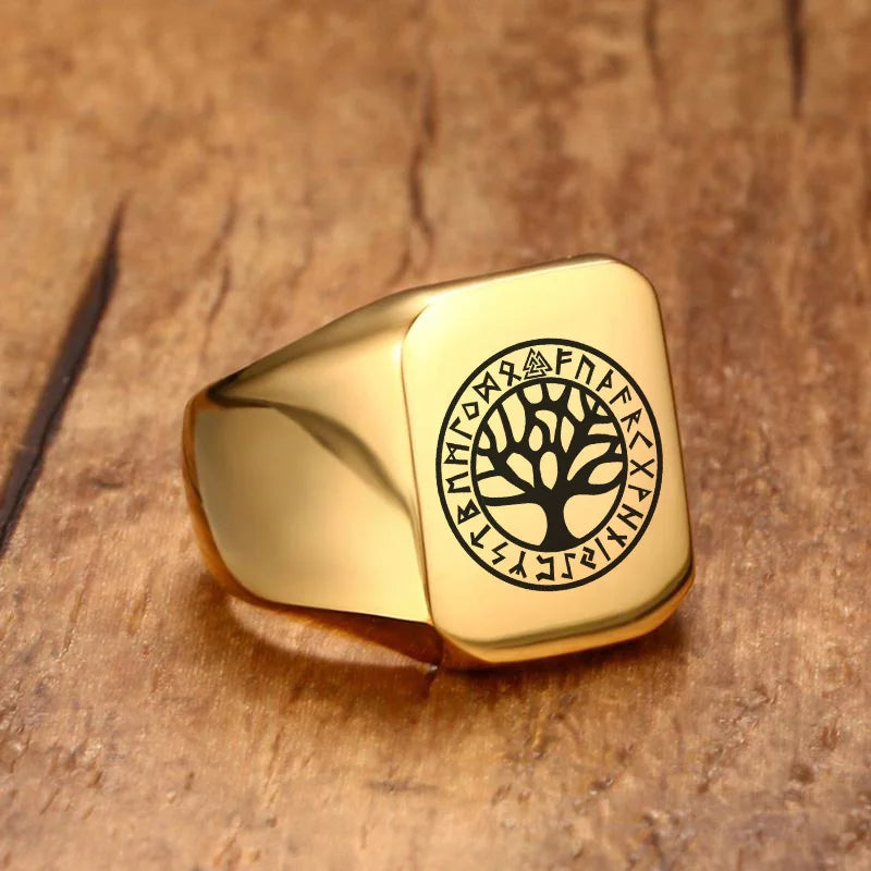 Men Viking Vegvisir Pirate Signet Ring, Free Custom Personalized Stainless Steel Finger Bands Ring for Boys, Amulet Jewelry Gift