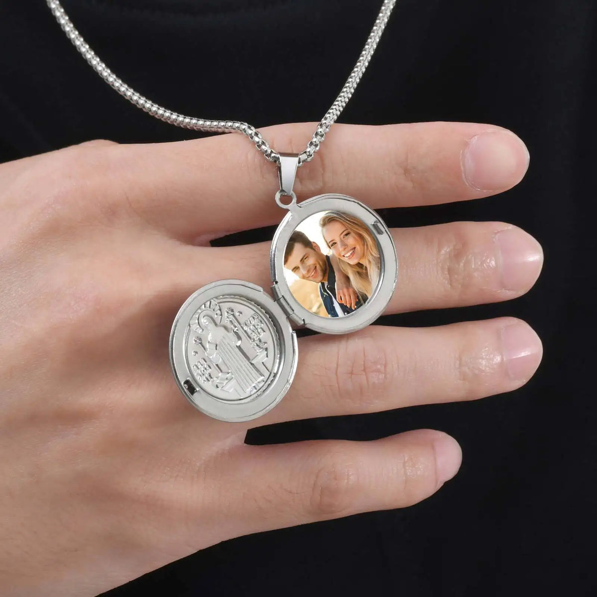 Saint Benedict Necklace for Men Boys,Customized Photo Picture Stainless Steel Round Box Necklaces,Gift to Dad Husband BBF