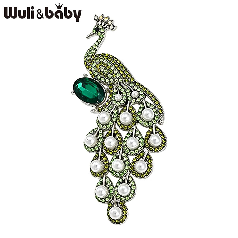 PENDRA Pearl Peacock Rhinestone Bird Brooch