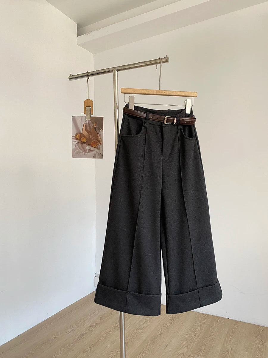 Retro design with rolled edge high waist casual pants 2025 autumn new slim fit and versatile wide leg pants for women