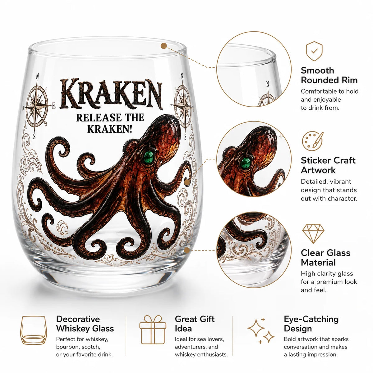 Kraken Octopus Whiskey Glass Vintage Nautical Compass Print Lowball Tumbler Heavy Clear Crystal Spirits Cup Unique Sea Monster