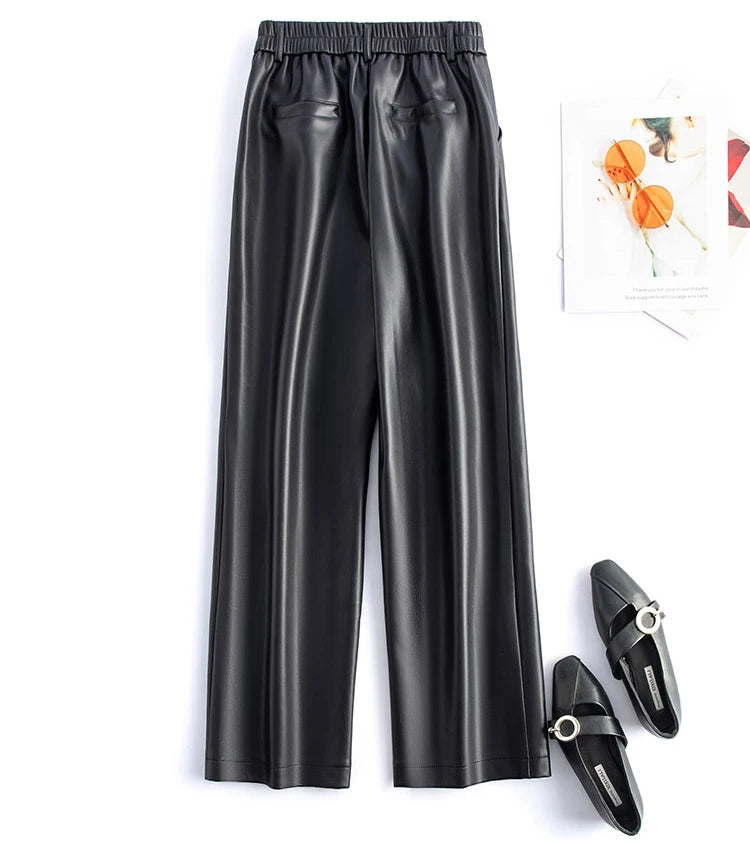 2025 autumn and winter new style leather pants elastic high waisted slim fit commute straight leg pants for women