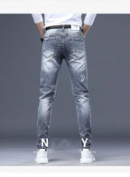 2025 Summer Ripped Jeans Men's Slim-fitting Small Feet Elastic Trousers Trendy Brand Fashion Scratched Patch Cargo Beggar Pants