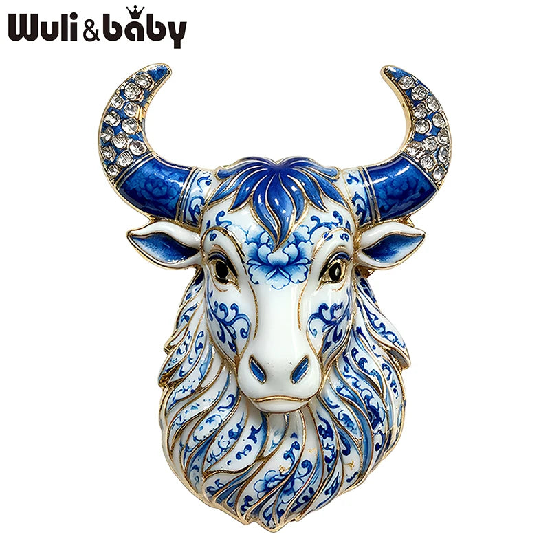 PENDRA Taurus Crest Rhinestone Bull Brooch