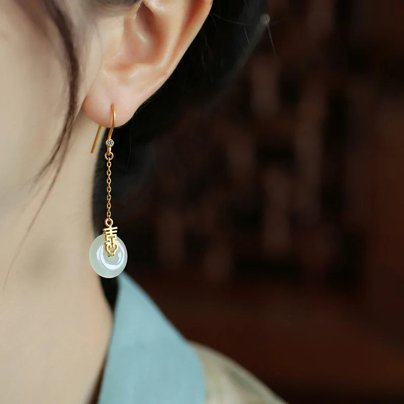 VENTFILLE Hetian Jade Ear Hook Earring Women's High-end Temperament Ethnic Style Retro Earrings Cloisonne Craft Dangler Gift