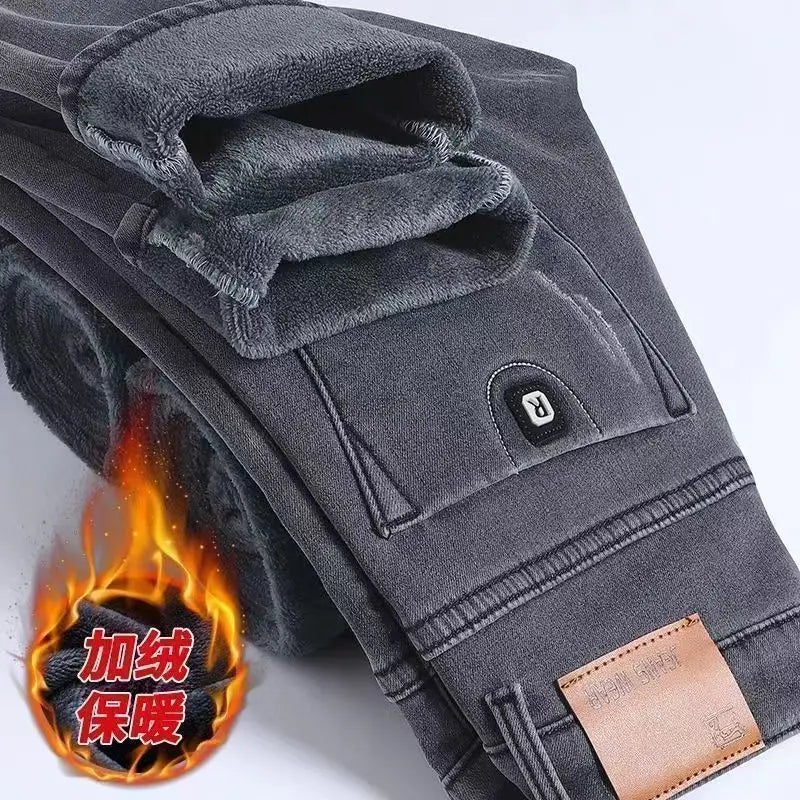 Denim Winter Velvet Thickened Slim-fitting Small Feet Elastic Casual Warm Men's Pants Cotton Trousers Jeans for Men Streetwear
