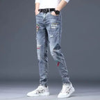 Hot Sale Men's Luxury Jeans Streetwear Denim Pants Punk Distressed Hole Tiger Embroidery Patches Stretch Skinny Ripped Trouser