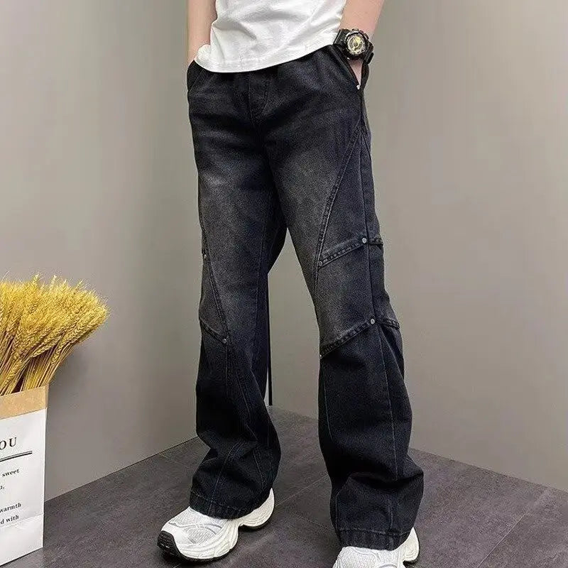 PENDRA Drawstring Elastic Waist Harlan Straight Black Cargo Hombre Jeans