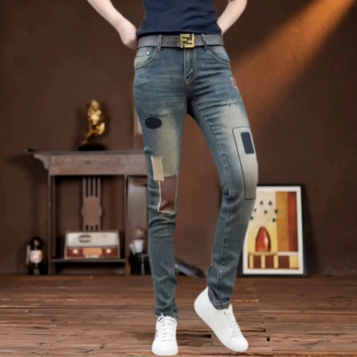 New 2026 Blue Embroidered Men's Slim-fitting Small-footed Jeans Casual Korean Fashion Patch Trend Beggar Designer Long Pants Man