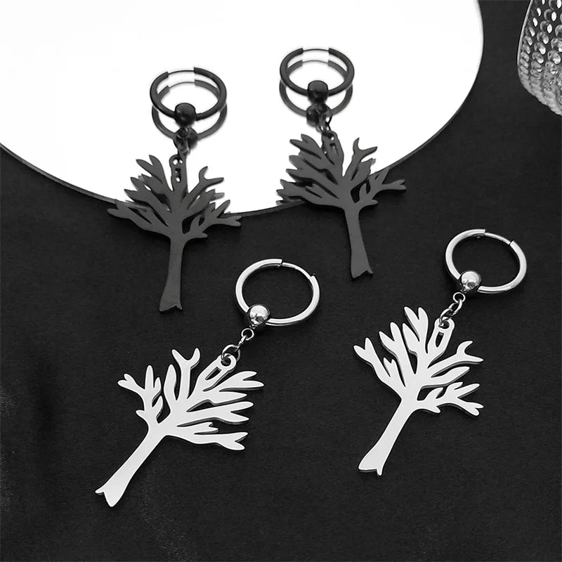 Stainless Steel Music Band Hip Hop Tree of Life Hoop Earrings for Women Silver Color Gothic Punk Earring Jewelry Gift E3404S06