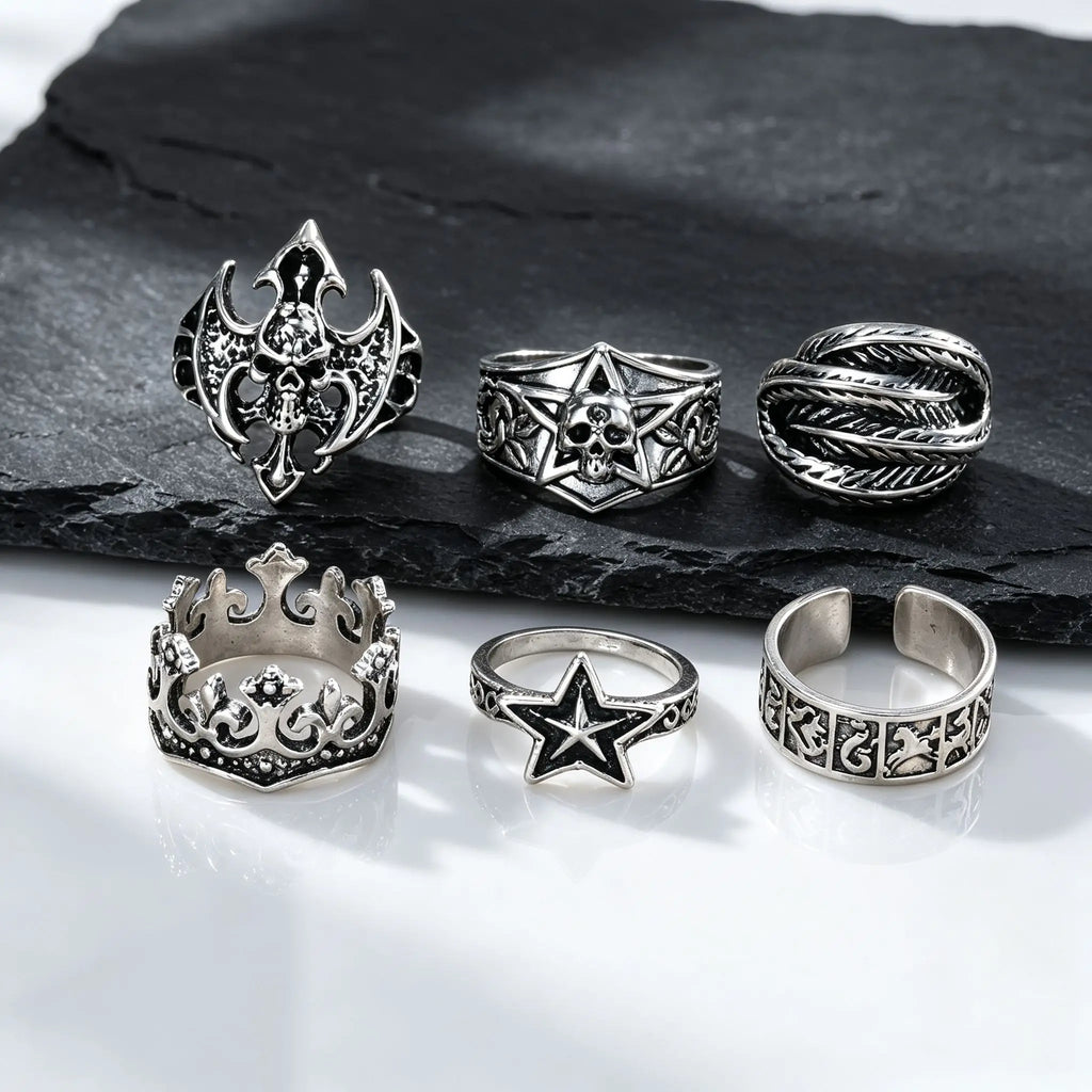 6Pcs Gothic Punk Open Ring Set for Men,Vintage Skull Bat Crown Star Adjustable Stackable Rings,Hip Hop Halloween Jewelry Gift