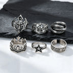 6Pcs Gothic Punk Open Ring Set for Men,Vintage Skull Bat Crown Star Adjustable Stackable Rings,Hip Hop Halloween Jewelry Gift