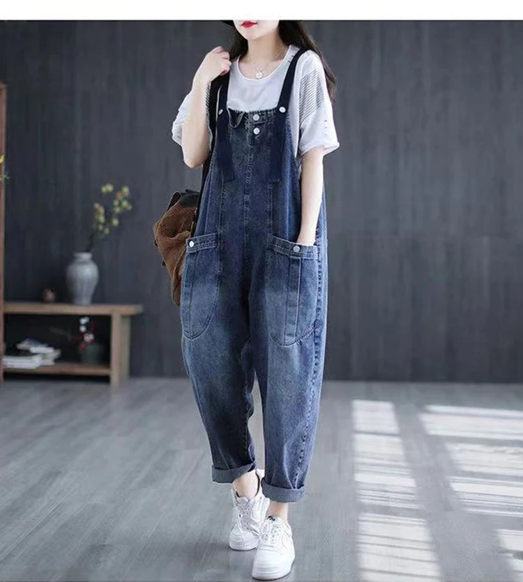 Minimalist jeans overalls women's spring new Korean version loose fit big pocket versatile trendy Harlan casual rompers
