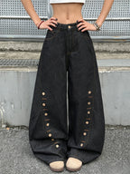 American Retro Buttoned Splicing Design Black Women's Loose Cocoon Jeans Y2K Trendy Street Fashion Versatile Wide-Leg Pants