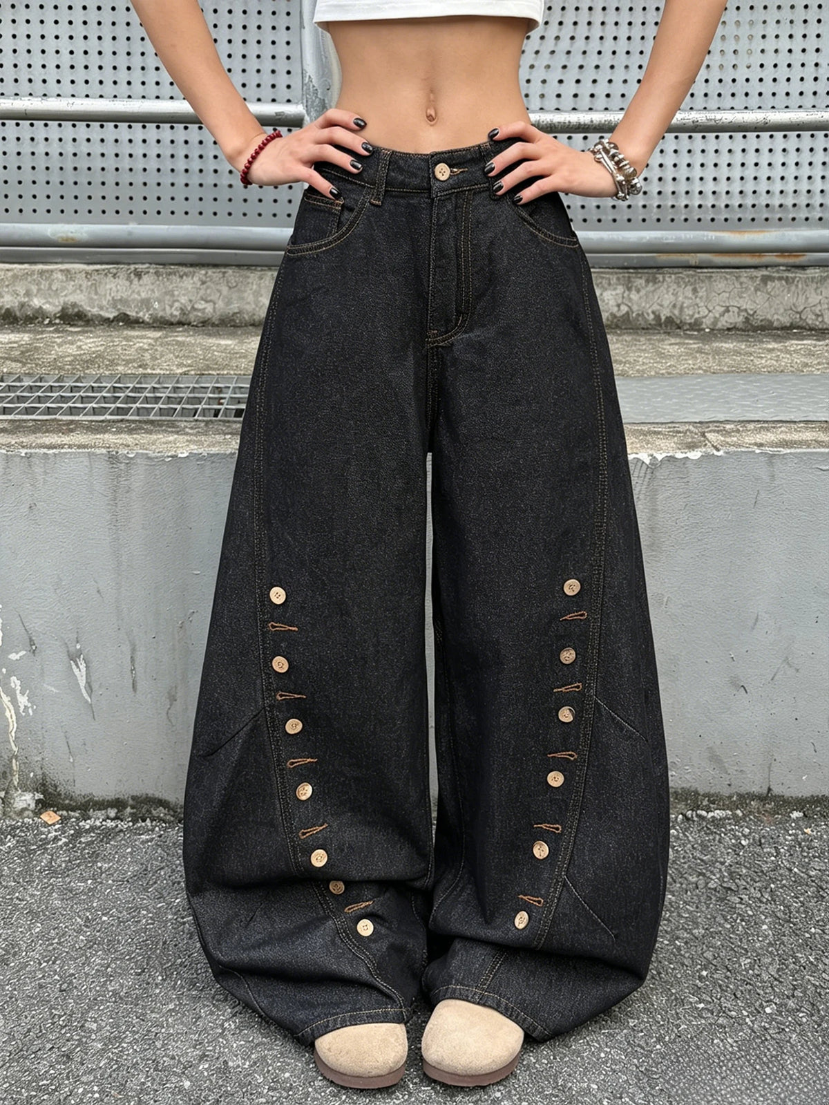 American Retro Buttoned Splicing Design Black Women's Loose Cocoon Jeans Y2K Trendy Street Fashion Versatile Wide-Leg Pants