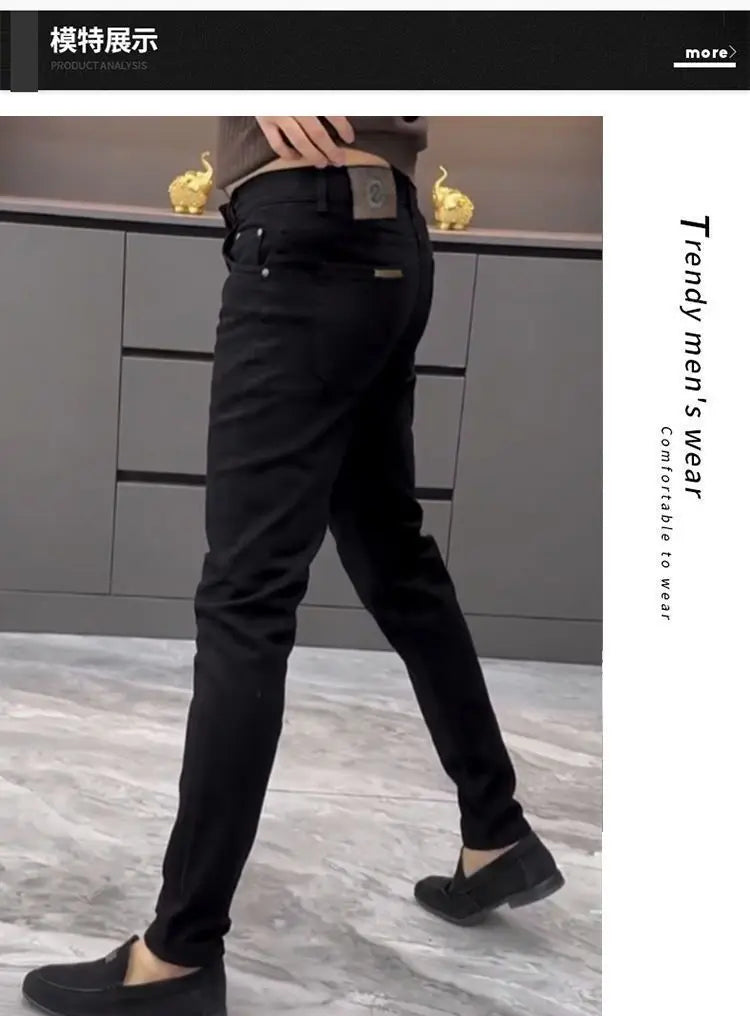 High-end Jeans Men's Spring and Summer Versatile Slim Pants  Black Trendy Brand Business Trousers Men Clothing Low Rise Jeans
