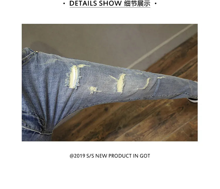 Light-colored Distressed Denim Cropped Trousers For Men Personality Slant Pocket Design, Embroidered Slim-fit Pencil Trousers