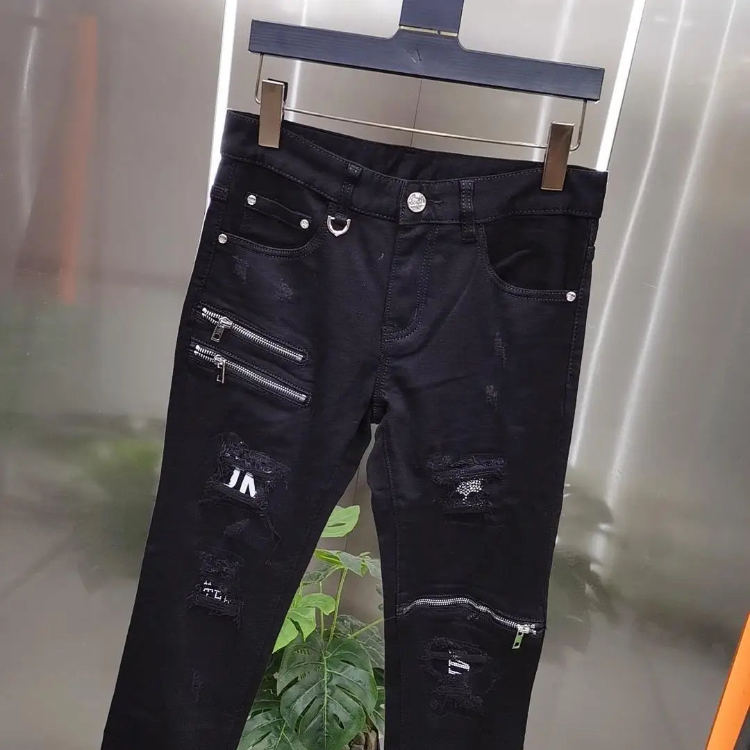 Luxury 2023 Men's High Street Korean Black Jeans with Zipper Distressed Hole Designer Youth Trend Slim-Fit Black Cotton Trousers
