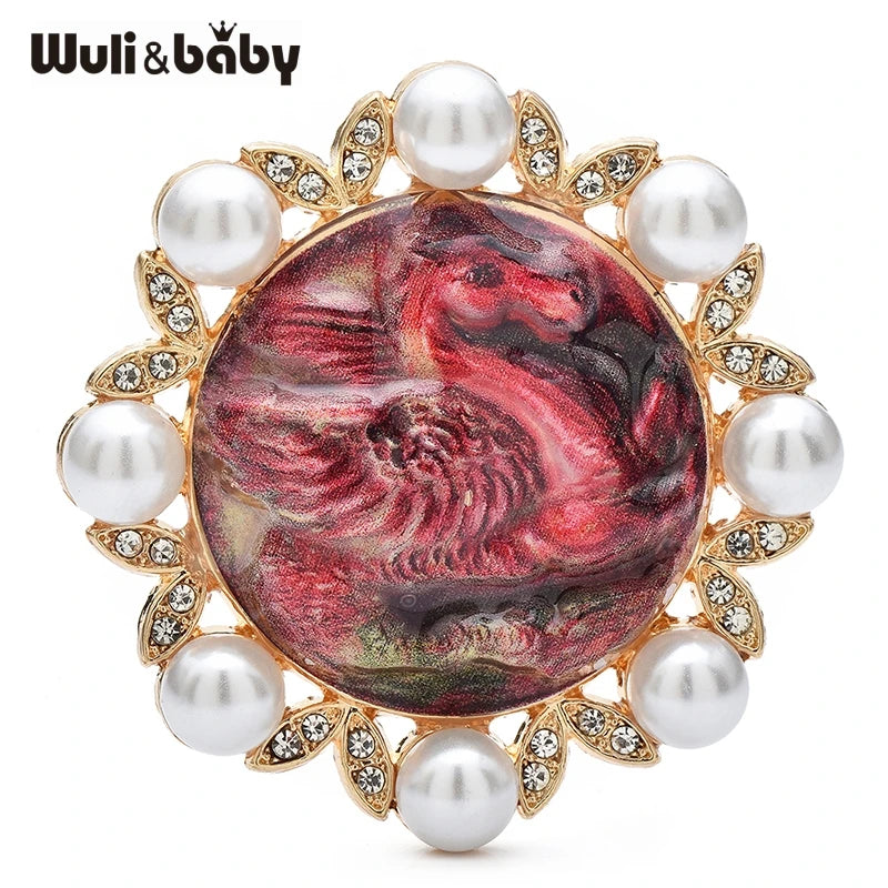 Wuli&baby Running Horse Brooches Badge Brooches 4-color Pearl Round Animal Brooch Pins Gifts
