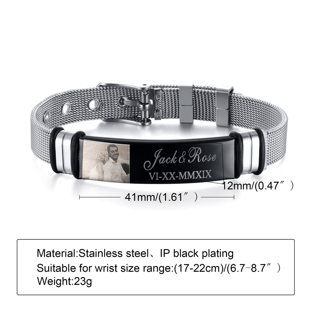 Free Engraving,Stainless Steel Mesh Band Bracelet,Adjustable Bracelet for Men Gift