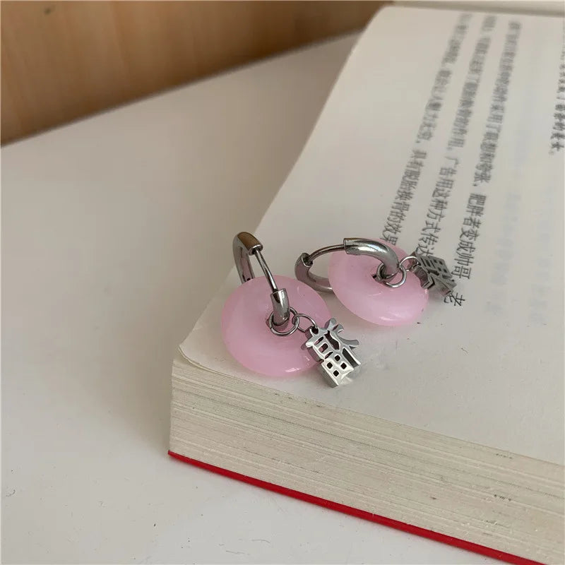 VENTFILLE Unique Green Jade Round Stainless Steel Hoop Earrings For Women Vintage Elegant Earclip Earrings Statement Jewelry