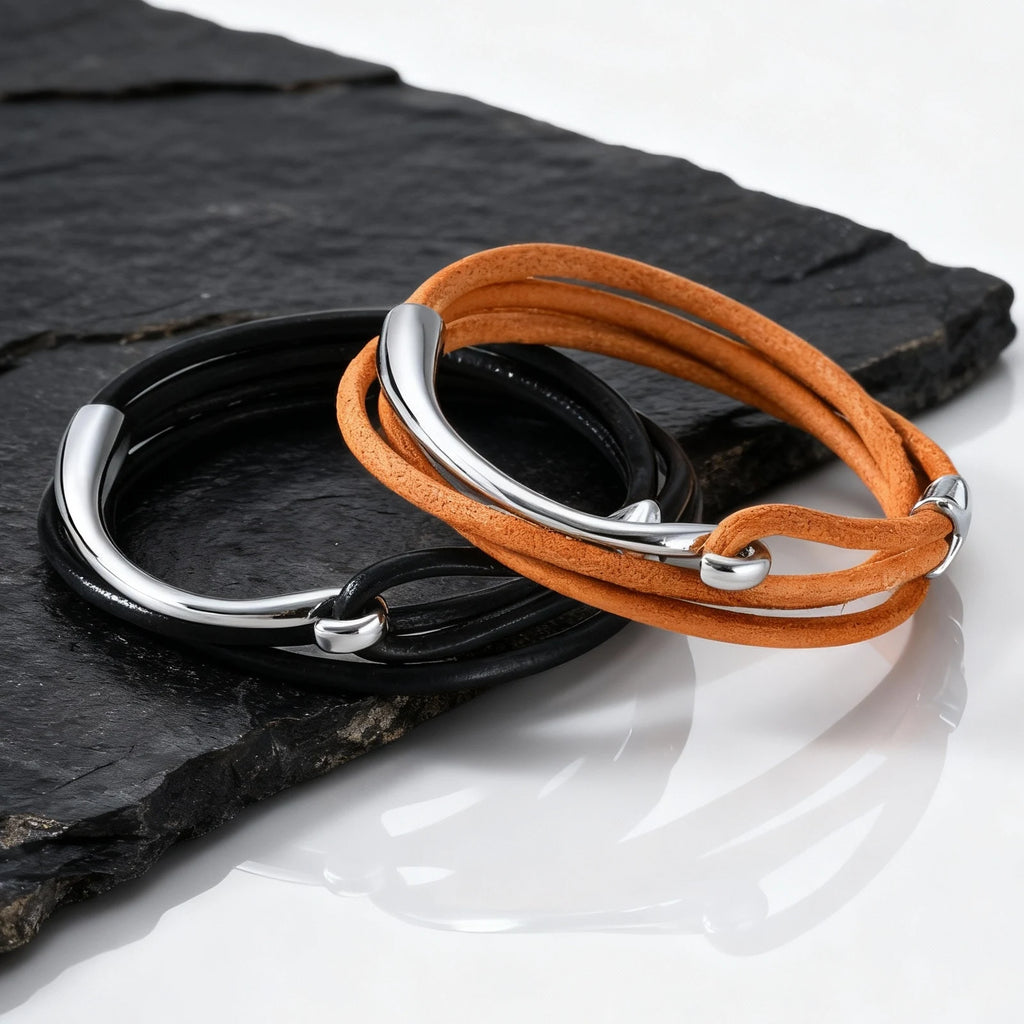 Multilayer Leather Bracelet for Men,Trendy Complicated Stacking Fish Hook Wristband,Rock Punk Jewelry Gift