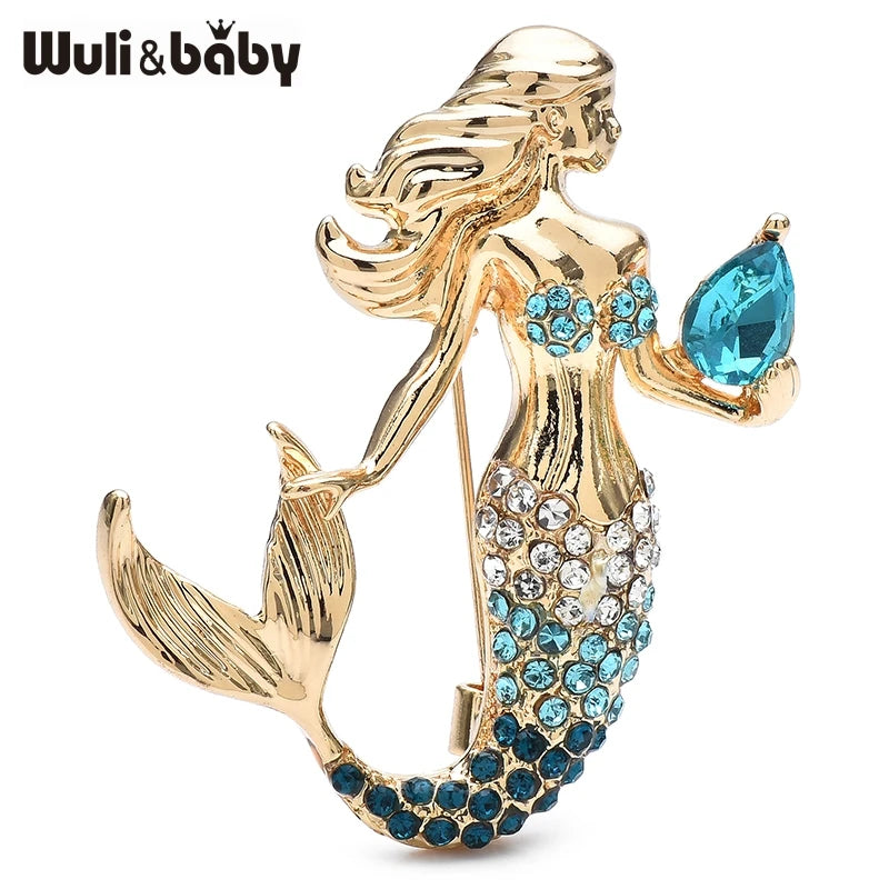 Wuli&baby Beautiful Mermaid Holding a Rhineston Conch Brooches Crystal Tail Pins Jewelry Accessory Gift For Kid and Lover
