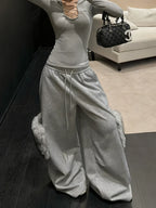 Grey sports pants women's 2025 new winter fur niche design drawstring elastic waist loose and lazy style wide leg pants