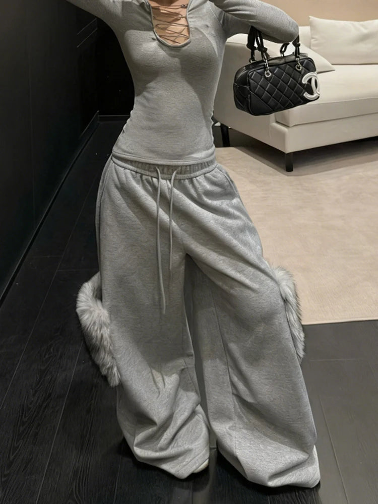 Grey sports pants women's 2025 new winter fur niche design drawstring elastic waist loose and lazy style wide leg pants