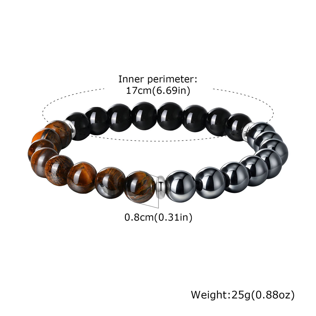 Black Stone Bead Bracelet for Men Boys,Obsidian Tiger Eye Metal Beaded Elastic Wristband,Casual Jewelry Gifts