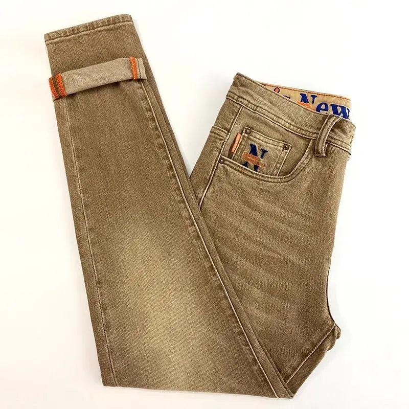 High-end 2026 Luxury Brand Clothes Khaki Jeans Men's Light Luxury Washed Casual Elastic Slim Small Feet Embroidered Long Pants