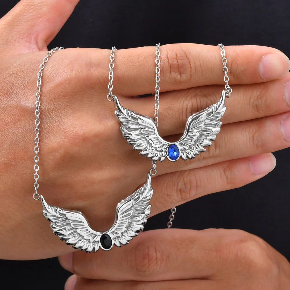 Punk Angel Wings Feather Necklace for Men,Stainless Steel Blue Black Zircon Wings Choker,New Male Jewelry Gift