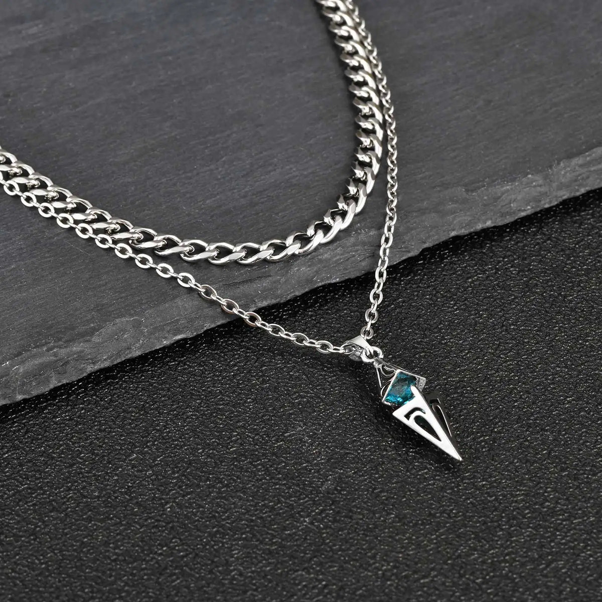 Blue Stone Geometry Layering Necklaces for Men,Hip Hop Stainless Steel Chain Neacklace,Valentine's Birthday Party Gift
