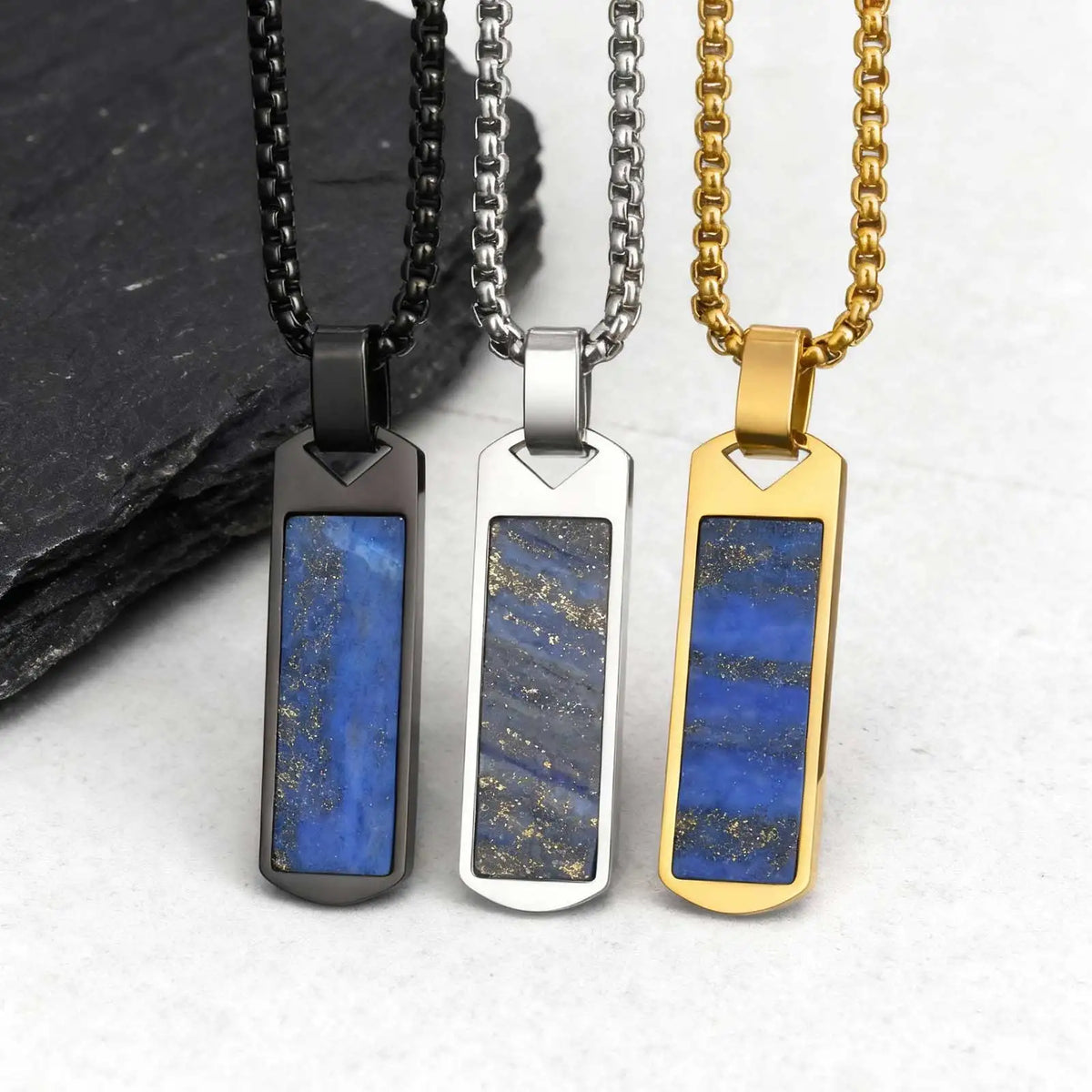 Lapis Lazuli Rectangular Pendant Necklace for Men,Stainless Steel Blue Natural Stone Pendant,Dainty Male  Jewelry Gift