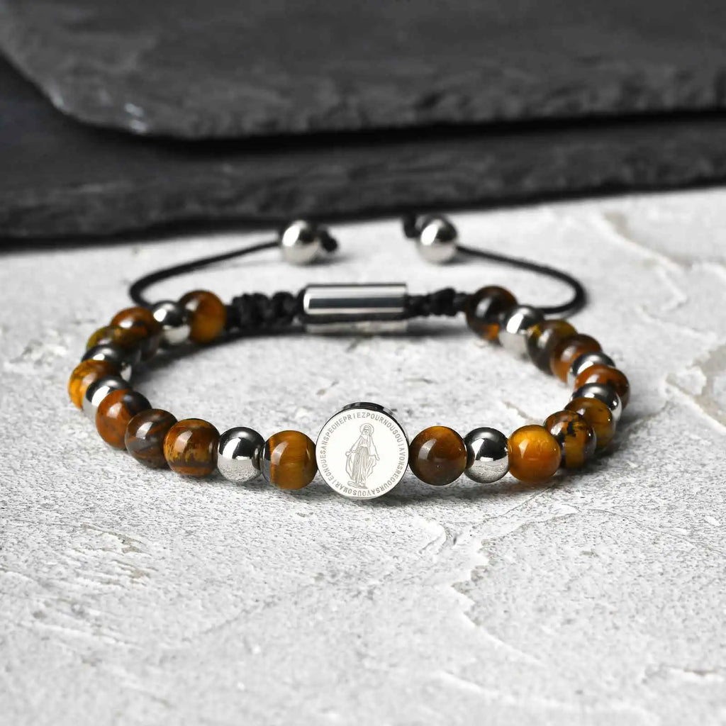 Virgin Mary Beaded Bracelets for Men Boys,Waterproof Stainless Steel Round Charms Wristband,Religious Prayer Jewelry Gift
