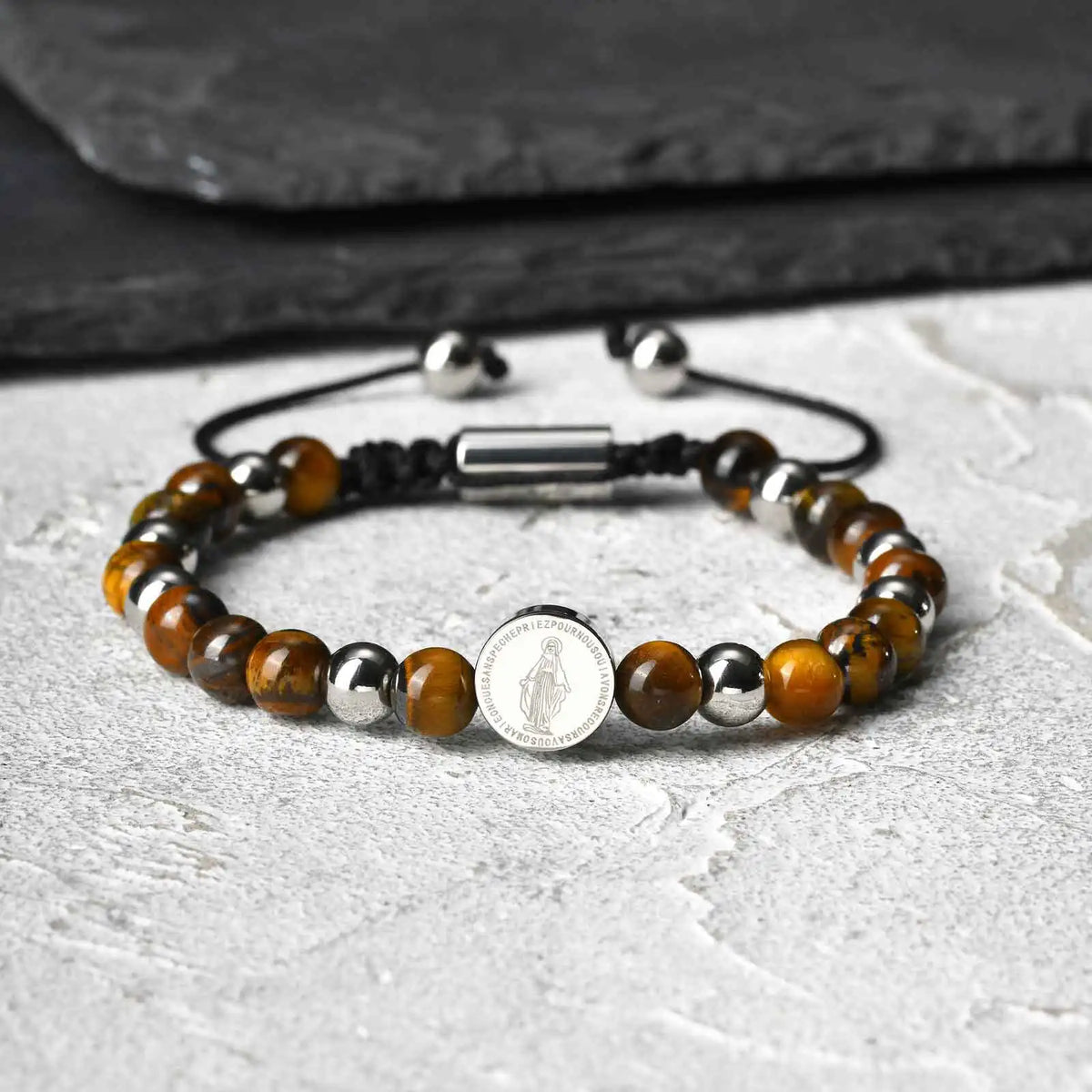 Virgin Mary Beaded Bracelets for Men Boys,Waterproof Stainless Steel Round Charms Wristband,Religious Prayer Jewelry Gift