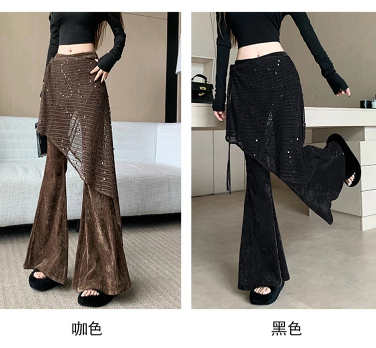 Women's autumn and winter sequin fart curtain fake two high waisted slimming and floor dragging casual flared pants