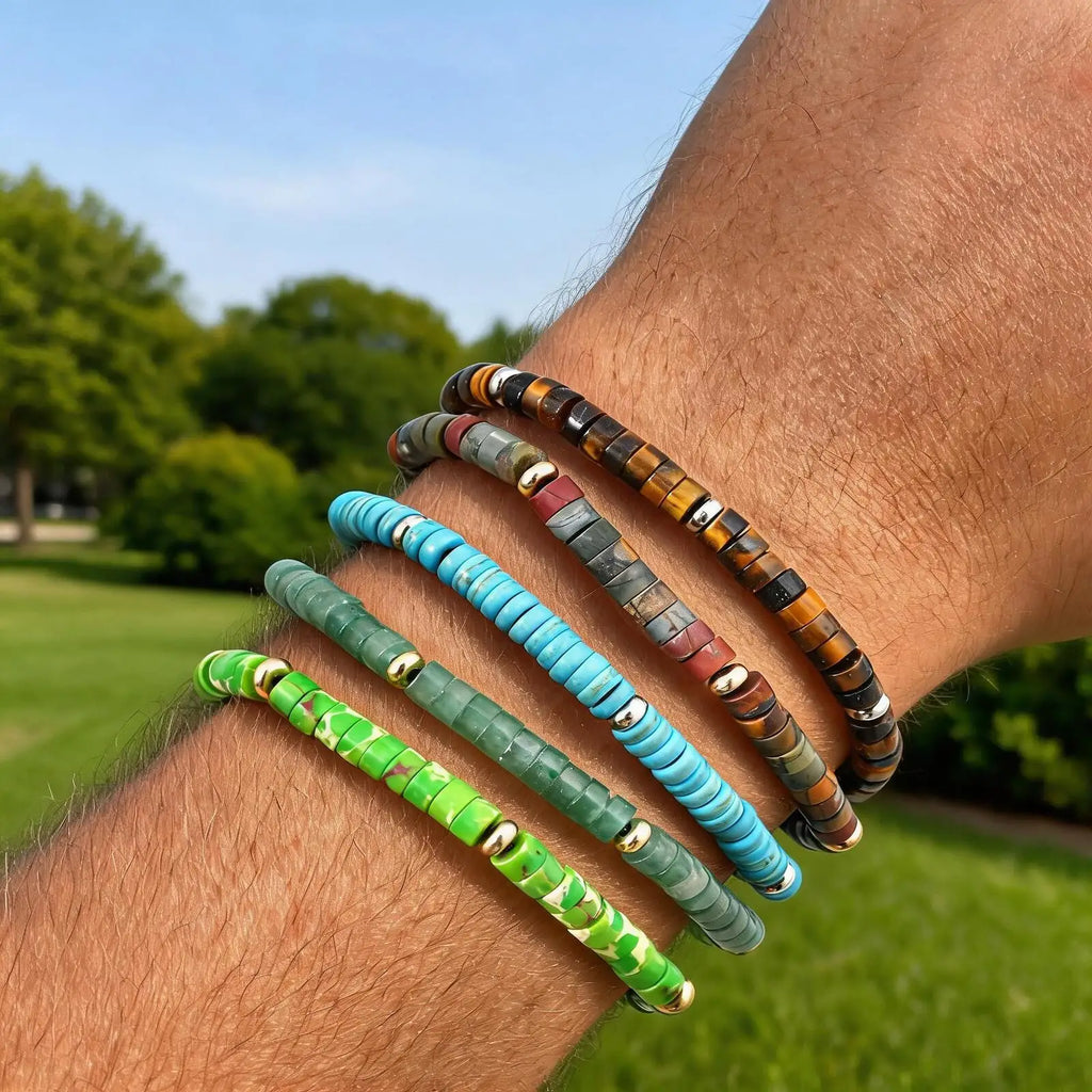 Bohemian Natural Stone Beads Bracelet for Men,Handmade Turquoise Adjustable Rope Wristband,Summer Trendy Jewelry Gift